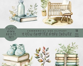 A New Chapter Clipart Bundle, Book Themed Storybook Shower, Library Baby Shower, Botanical Stacked Books, Book Party, A New Chapter Begins