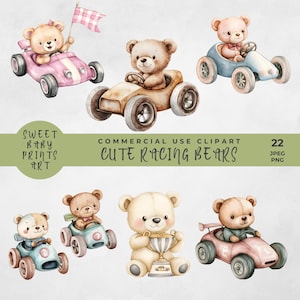 Clipart di orsetti carini per auto da corsa, auto da corsa ad acquerello, auto sportiva blu per bambini, auto da corsa vintage con orsetto, auto da corsa per neonati PNG digitale