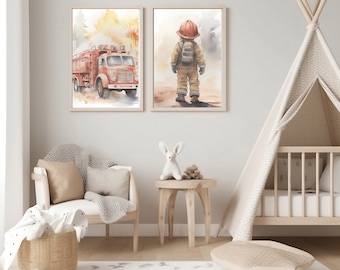 Firetruck wall art toddler room Set of 2 Nursery Decor, Construction Wall Art, Fire Truck Decor, Fire Engine Print, Watercolor Art