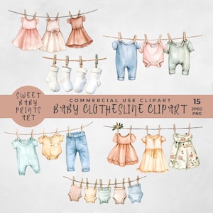 Babykleding lijn clipart aquarel pasgeboren waslijn clip art waslijn waslijn PNG babymeisje baby jongen illustraties babyshower kleding