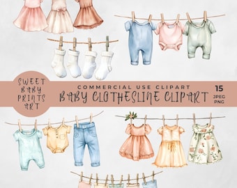Tendedero para bebé Clipart Acuarela Tendedero para recién nacido Clip Art Tendedero PNG Ilustraciones de bebé niña Bebé niño Ropa para baby shower