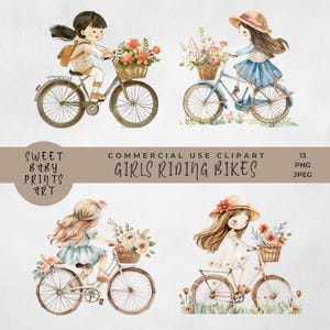 Mädchen auf Fahrrad Clipart, Mädchen und Fahrräder, Mädchen aus verschiedenen Ethnien, süße Bilder von Biker Girls Vintage Style, Blumenfahrräder PNG
