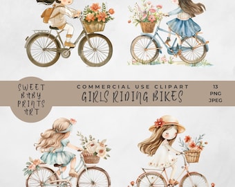 Girl Riding Bike Clipart, Girls and Bicycles, Girls from Different Ethnicities, Cute Images of Biker Girls Vintage Style, Floral Bikes PNG