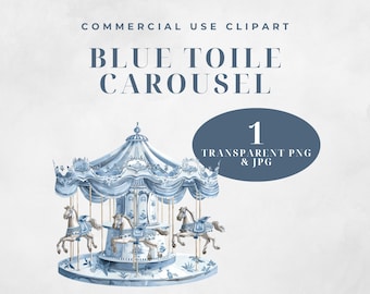 Blue Toile Clipart of Carousel for Kid's room or Nursery and Baby Shower Invitations or Decor
