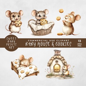 Babymuis en koekjes aquarel clipart, baby dierenafbeeldingen voor scrapbooking of babykamer kinderkamer decor, schattige muizen babyshower thema, png