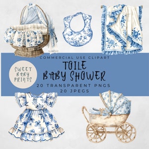 Vintage toile Français Baby Shower Clipart, fleurs bleues Clip Art Bundle, Images aquarelles Boho vintage, Français robe à fleurs bleues, berceau ours