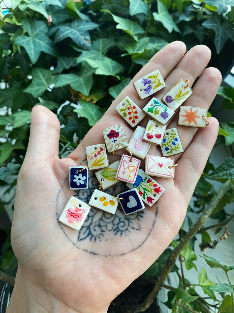 ceramic pendant 2nd restock handmade, clay charms, tiny necklace charm, botanical, mystical image 1