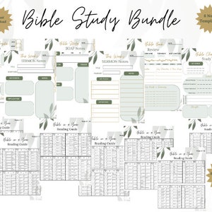 Op de afbeelding: Een printbare Bijbelstudiebundel met groene bladeren en gouden accenten. De bundel bevat sjablonen voor hoofdstuknotities, preeknotities, SOAP-notities, Bijbelboekrecensies, Bijbelhoofdstukstudie en een Bijbel-in-een-jaar-leesgids.