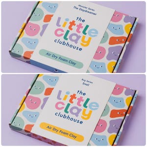 May include: Two boxes of The Little Clay Clubhouse air dry foam clay. The boxes feature colourful patterns of smiling shapes. The top box is labelled "Monster Series The Daydreamer." The bottom box is labelled "Bug Series Snail."