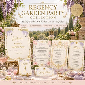 Könnte beinhalten: Eine Regency Garden Party Kollektion mit bearbeitbaren Canva-Vorlagen, darunter ein Willkommensschild, Menükarten, Tischnummern und Namenskarten. Die Papeterie zeigt goldene, verzierte Ränder, violette Glyzinien-Illustrationen und elegante Schriftzüge.