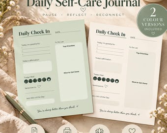 May include: Two Daily Self-Care Journal pages with Daily Check In headers, gratitude lists, affirmation boxes, mood trackers with emoji icons, to-do lists, and the text You're doing better than you think. One page is sage green, the other is cream.