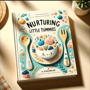 Peut inclure: Un livre de cuisine intitulé "Nurturing Little Tummies" avec une illustration fantaisiste. La couverture présente un bol de fruits et légumes souriants, une cuillère et une fourchette. Le livre est un livre de cuisine avec un schéma de couleurs bleu clair, crème et orange.