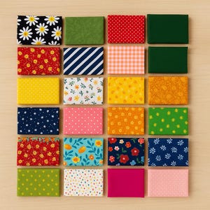 May include: A collection of twenty-four rectangular fabric swatches arranged in a grid. The swatches display a variety of patterns, including floral, polka dots, stripes, and solid colors. Colors range from red, yellow, and blue to green, pink, and orange.