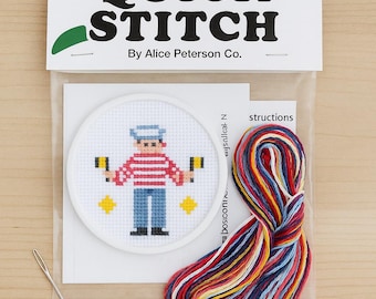 Vintage 1980er Jahre Kreuzstich Kit – Alice Peterson Quick Stitch Sailor – Kleines Nadelspitzen Set mit Hoop – Sammlerstück Bastelbedarf