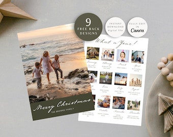 May include: A Christmas card with a photo of a family on the beach. The card has a green border and the text "Merry Christmas" in cursive. The back of the card has a calendar with photos from each month of the year. The text "What a Year!" is at the top of the calendar.
