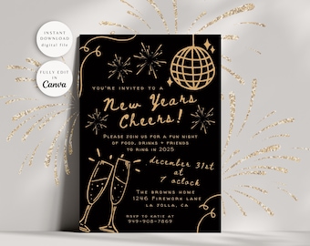 New Years Eve Party Invite, New Years Hand Drawn Invitation, NYE Digital Invite, Black And Gold New Year Party, Editable Instant Download