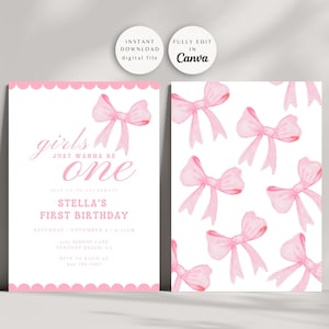 Editable Pink Bow Birthday Invitation, Bow First Birthday Invite, Girls Just Wanna Be One, Bow Coquette Invite, Instant Digital Download