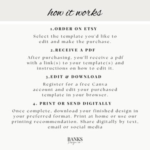 Peut inclure: Comment &ccedil;a marche : Un guide &eacute;tape par &eacute;tape pour commander, recevoir, modifier et imprimer un mod&egrave;le num&eacute;rique. Les &eacute;tapes comprennent la commande sur Etsy, la r&eacute;ception d'un PDF avec un lien vers le mod&egrave;le, la modification du mod&egrave;le dans Canva et l'impression ou l'envoi du design final de mani&egrave;re num&eacute;rique.