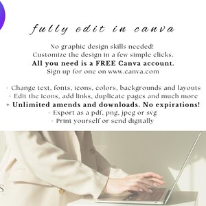 Peut inclure: Un graphique textuel avec les mots "fully edit in canva" dans une police d'&eacute;criture manuscrite. Le graphique explique qu'aucune comp&eacute;tence en design graphique n'est n&eacute;cessaire pour personnaliser le design en quelques clics simples. Il indique &eacute;galement que tout ce dont vous avez besoin est un compte Canva gratuit et que vous pouvez vous inscrire sur www.canva.com. Le graphique liste plusieurs fonctionnalit&eacute;s, notamment la possibilit&eacute; de modifier le texte, les polices, les ic&ocirc;nes, les couleurs, les arri&egrave;re-plans et les mises en page, d'&eacute;diter les ic&ocirc;nes, d'ajouter des liens, de dupliquer des pages et bien plus encore. Il indique &eacute;galement qu'il y a des modifications et des t&eacute;l&eacute;chargements illimit&eacute;s sans aucune expiration. Le graphique liste &eacute;galement la possibilit&eacute; d'exporter au format pdf, png, jpeg ou svg et d'imprimer vous-m&ecirc;me ou d'envoyer num&eacute;riquement. Le graphique est superpos&eacute; sur une photo de mains tapant sur un ordinateur portable.