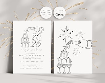 May include: Black and white printable New Year's Eve party invitation with a champagne bottle pouring into a tower of glasses and the text "2025 new years cheers".