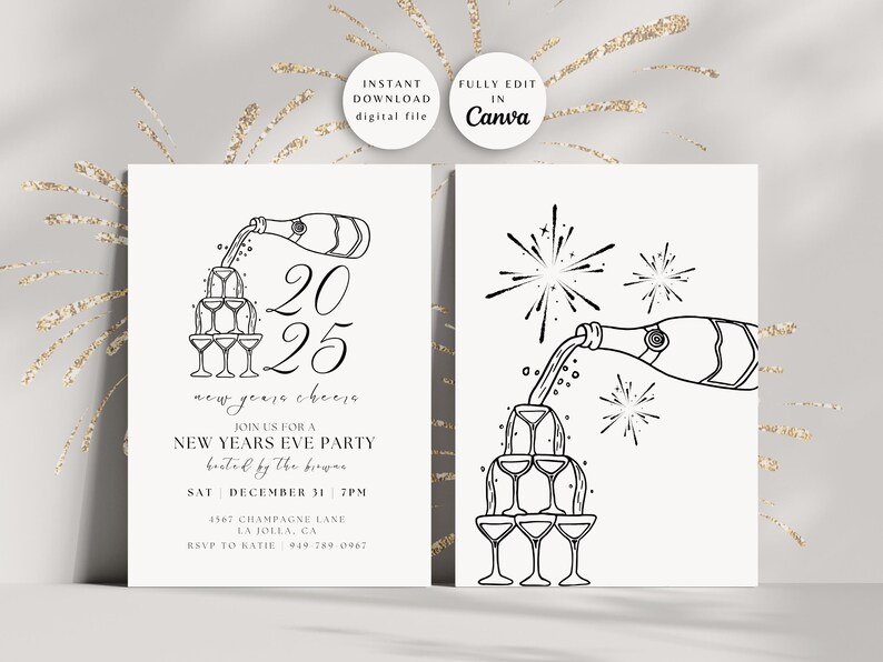 Peut inclure: Invitation imprimable en noir et blanc pour une f&ecirc;te du Nouvel An avec une bouteille de champagne qui se verse dans une tour de verres et le texte "2025 new years cheers".