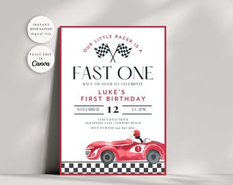 Fast One Birthday Invitation, Race Car Invitation, A Fast One Birthday Invitation, Race Car First Birthday Boy, Editable Digital Template
