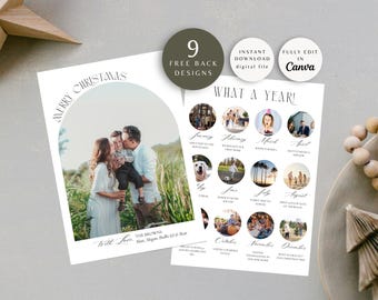 May include: A white Christmas card with a photo of a family of three in a field. The card has a white arch with the text "Merry Christmas" in black. The text "With Love" is written in cursive below the photo. The text "The Browns" is written below "With Love" followed by the names "Matt, Megan, Bodhi & Bear". The card also includes a separate sheet with a calendar of photos from the year. The calendar has the text "What a Year!" at the top and each month is represented by a circle with a photo inside. The text for each month is written below the photo.