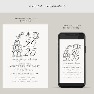 Peut inclure: Illustration en noir et blanc d'une bouteille de champagne se versant dans une tour de fl&ucirc;tes &agrave; champagne. Le texte "2025 new years cheers" est &eacute;crit sous l'illustration. Le texte "Join us for a New Years Eve Party hosted by the brwes" est &eacute;crit sous le texte "new years cheers". Le texte "Sat | December 31 | 7pm" est &eacute;crit sous le texte "New Years Eve Party". Le texte "4567 Champagne Lane La Jolla, CA RSVP to Katie 949-769 0967" est &eacute;crit sous le texte "Sat | December 31 | 7pm".