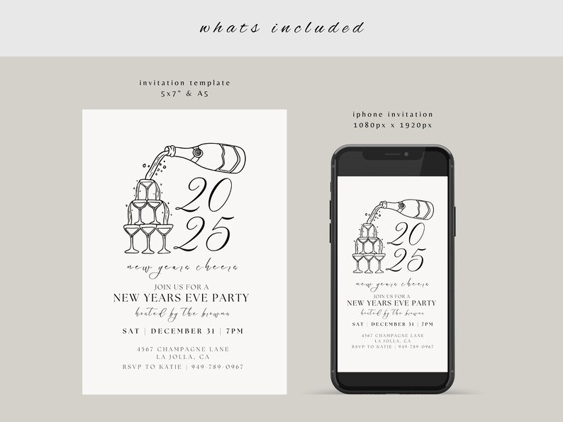 Peut inclure: Illustration en noir et blanc d'une bouteille de champagne se versant dans une tour de fl&ucirc;tes &agrave; champagne. Le texte "2025 new years cheers" est &eacute;crit sous l'illustration. Le texte "Join us for a New Years Eve Party hosted by the brwes" est &eacute;crit sous le texte "new years cheers". Le texte "Sat | December 31 | 7pm" est &eacute;crit sous le texte "New Years Eve Party". Le texte "4567 Champagne Lane La Jolla, CA RSVP to Katie 949-769 0967" est &eacute;crit sous le texte "Sat | December 31 | 7pm".