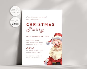 Peut inclure: Une invitation à une fête de Noël blanche avec du texte rouge. L'invitation présente une illustration de dessin animé du Père Noël avec un chapeau rouge et une barbe blanche. Le texte indique "Veuillez nous rejoindre pour notre fête de Noël annuelle Jolly Good Time, Sam 14 décembre, 19h, The Baker Home, 345 Jolly Lane Road, Newport Beach, CA, RSVP à Jessie avant le 5 décembre au 949-567-9078, Veuillez apporter un cadeau secret du Père Noël à partager."