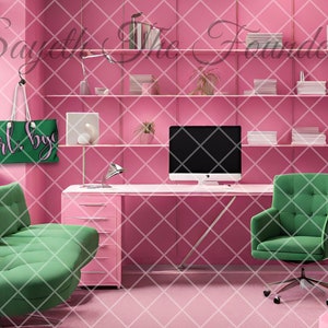 May include: A pink office space with a green sofa, a green chair, a desk with a computer, and a plant in a green pot. The walls are pink and there are shelves with books on them. The text "Say Yes The Founder" is written on the wall.
