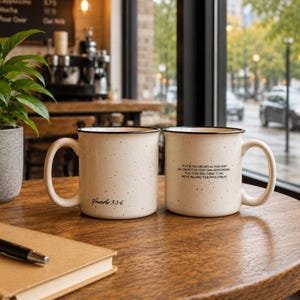 May include: Two cream-coloured ceramic mugs with a speckled finish and black rims. One mug features the text 'Proverbs 3:5-6' and the other displays the full verse: 'Trust in the Lord with all your heart and lean not on your own understanding. In all your ways submit to him and he will make your paths straight.'