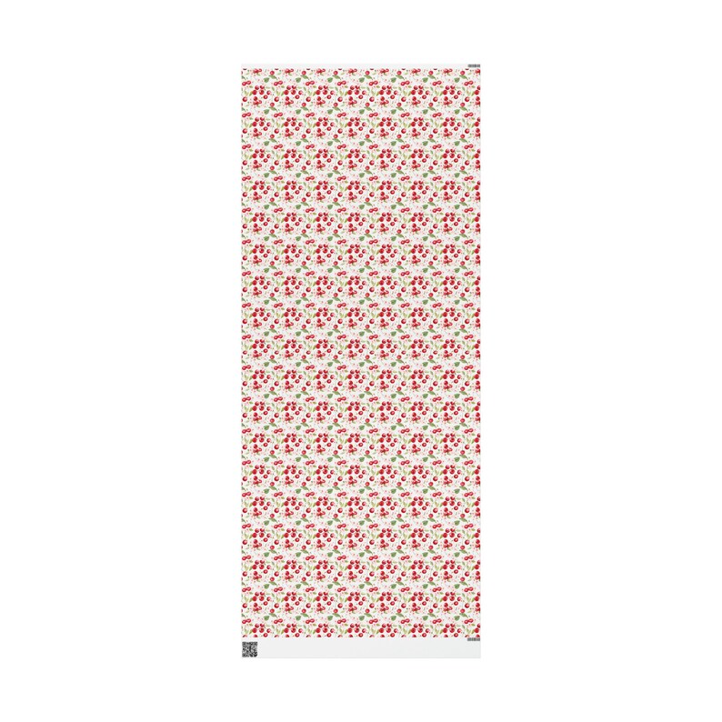 May include: A white background with a repeating pattern of red cherries and green leaves.
