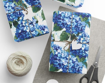 Papel de regalo con flores azules, papel de regalo con pintura de hortensias azul intenso, papel de regalo floral, papel de regalo para novias, papel de regalo floral