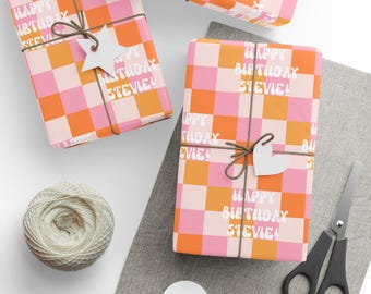 Custom Wrapping Paper, Retro Wrapping Paper, Custom Pink & Orange Checkered Wrapping Paper, Retro Wrapping Paper Roll, Checkered Gift Wrap