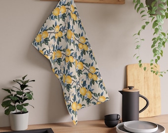 Lemon Tea Towel, Lemons and Blue Flowers Tea Towel, Citrus Tea Towel, Lemon Cotton Tea Towel