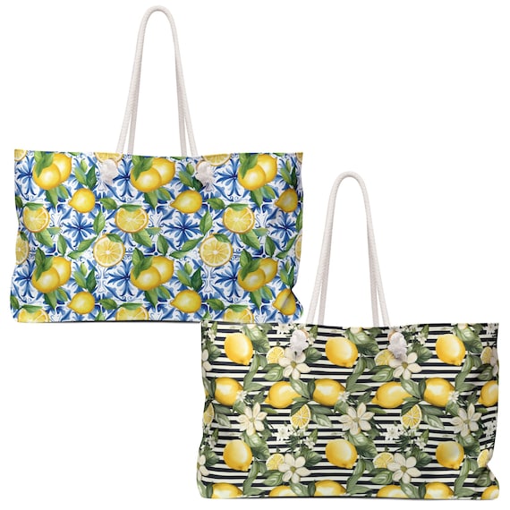 Lemon Print Weekender Bag, Striped or Tile Design, Beach Tote - Etsy