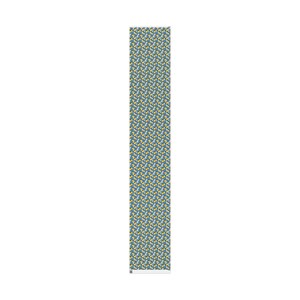 May include: A teal blue fabric with a repeating pattern of small yellow and white flowers.
