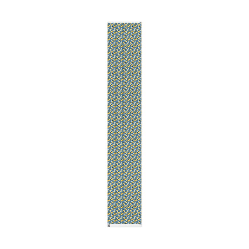 May include: A teal blue fabric with a repeating pattern of small yellow and white flowers.