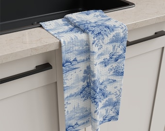 French Toile Tea Towel, Blue and White Kitchen Decor