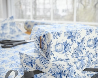 Papeles de regalo con diseño de florero azul, papel de regalo floral, papel de regalo toile, rollo de papel de regalo, papel de regalo para novias, boda