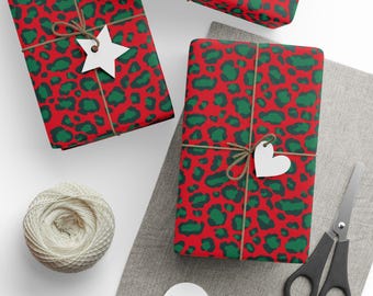 Weihnachtsgeschenkpapier, Leopardenmuster Geschenkpapier, Leopard Geschenkpapier, Rotes und Grünes Geschenkpapier, Animal Print Wrap