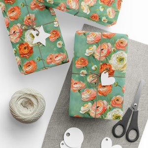 Floral Wrapping Paper, Ranunculus Flowers Wrapping Paper, Ranunculus Flowers on Green Wrapping Paper, Floral Painting Wrapping Paper Roll