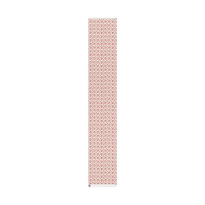 May include: A white fabric with a repeating pattern of small red flowers and green leaves.
