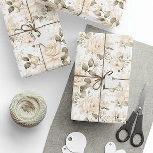 Papier d'emballage floral, papier d'emballage de roses ivoire, papier d'emballage, emballage cadeau, emballage cadeau floral, mariage, douche nuptiale image 1