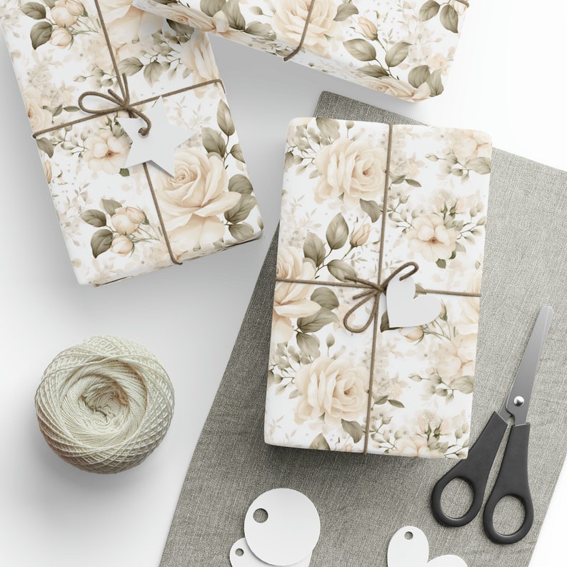 Papier d'emballage floral, papier d'emballage de roses ivoire, papier d'emballage, emballage cadeau, emballage cadeau floral, mariage, douche nuptiale image 1