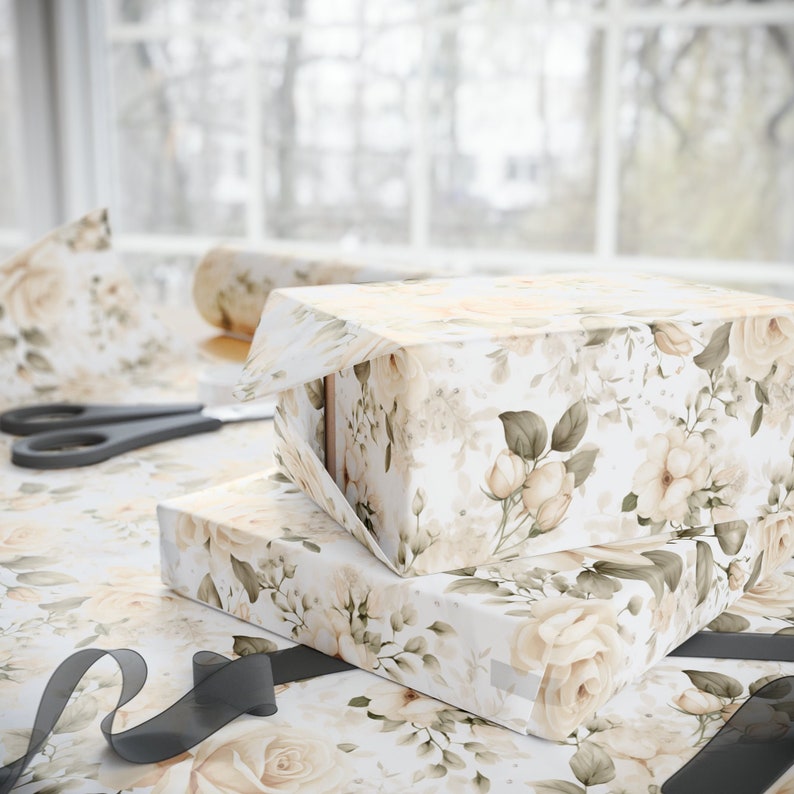 Papier d'emballage floral, papier d'emballage de roses ivoire, papier d'emballage, emballage cadeau, emballage cadeau floral, mariage, douche nuptiale image 2