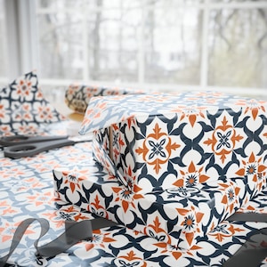Navy and Orange Tile Wrapping Paper, Mediterranean Tile Wrapping Paper, Wrapping Paper Roll, Gift Wrapping Paper