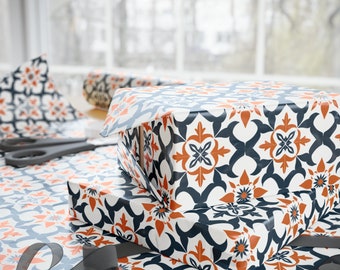 Navy and Orange Tile Wrapping Paper, Mediterranean Tile Wrapping Paper, Wrapping Paper Roll, Gift Wrapping Paper