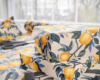 Lemon Wrapping Paper, Citrus Lemons on Branches Wrapping Paper Roll, Lemon Gift Wrap, Lemons and Blue Flowers Gift Wrapping